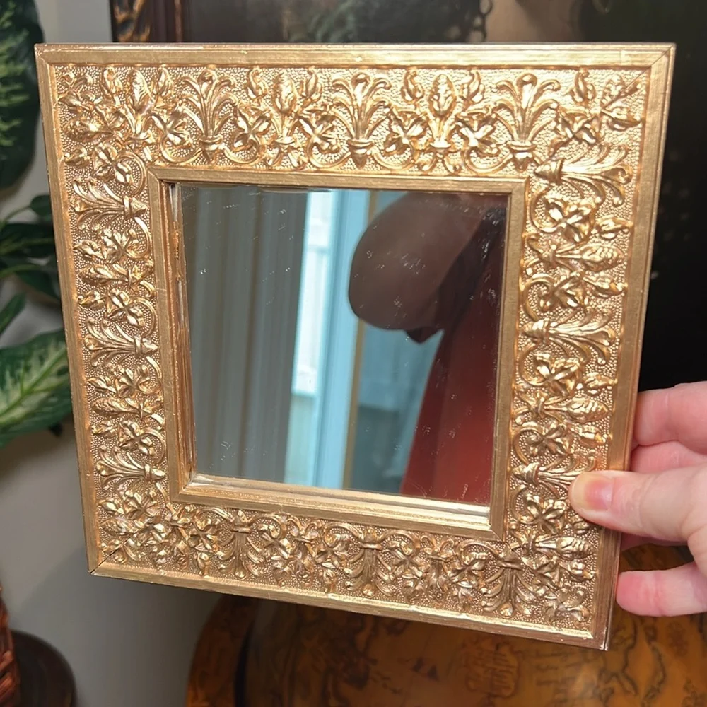 8x8” Vintage Hollywood Regency Ornate Gold Gilt Square Wall Mirror